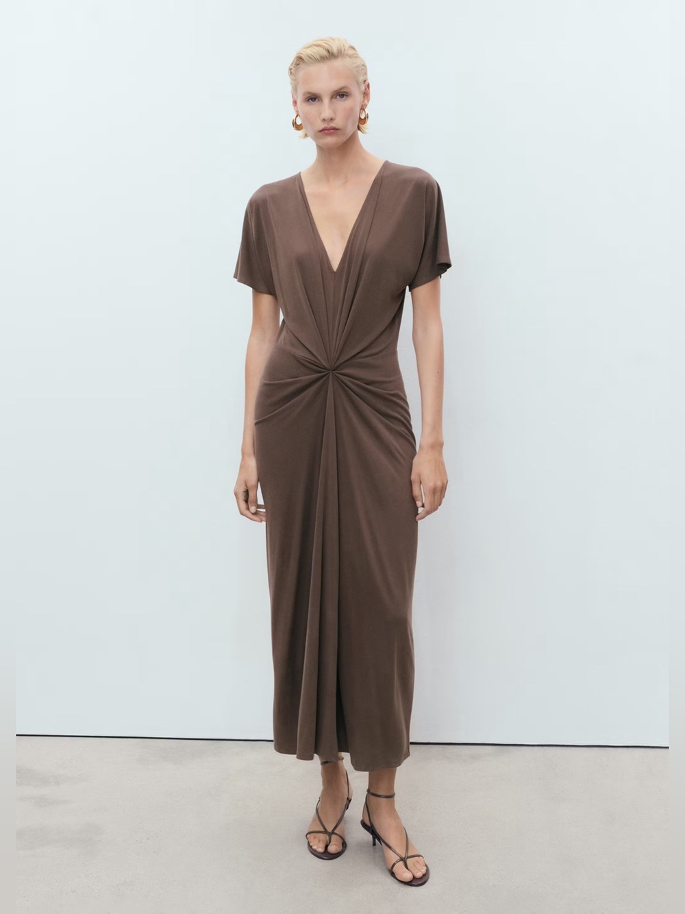 Mango Brown v-neck dress with gathered neckline NWT